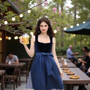 Source Unknown Navy Blue Velvet Dirndl with Patterned Apron